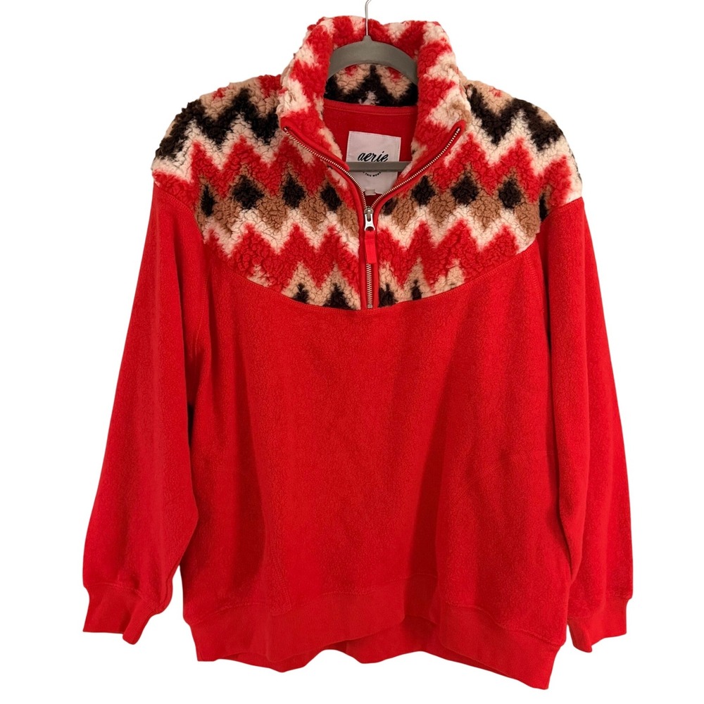 Aerie Hometown Holiday Red Fair Isle Chevron Sherpa Zip Fleece Pullover XS